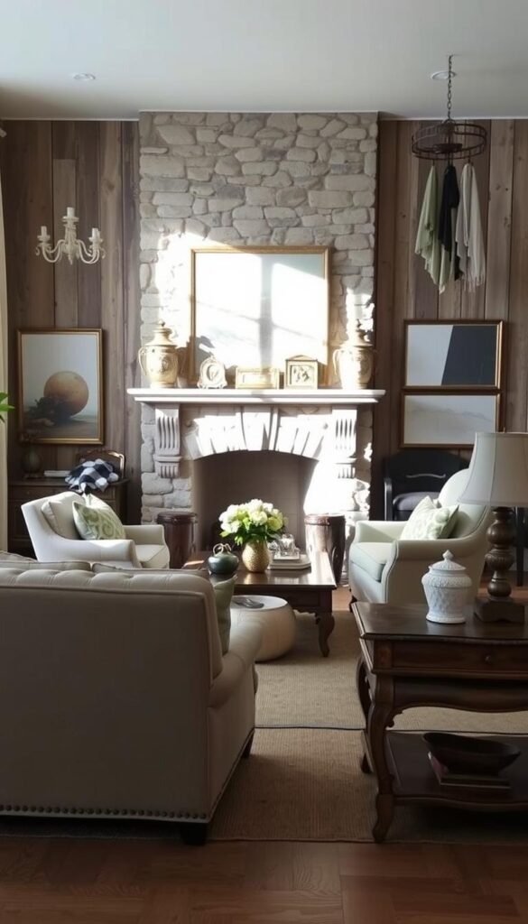 A cozy French country living room, bathed in soft, natural light filtering through lace-trimmed curtains. In the foreground, an elegant tufted sofa and armchair in a muted palette of beige and sage, complemented by vintage-inspired floral accents. Interspersed between these modern furnishings, antique wooden side tables and a weathered coffee table, blending eras seamlessly. The middle ground features a grand stone fireplace, its ornate mantel adorned with a mix of contemporary and heirloom decor. The background showcases distressed wood paneling, juxtaposed with sleek, contemporary art pieces, creating a harmonious fusion of old and new. Subtle textures, such as linen and burlap, add depth and character, evoking a sense of timeless elegance and soft sophistication.