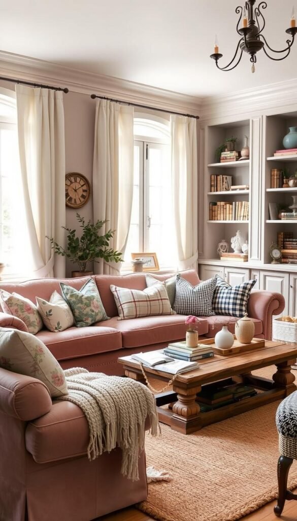 A cozy French country living room filled with plush textiles in a soft, muted palette. In the foreground, a luxurious velvet sofa in dusty rose, accented with an array of patterned throw pillows in floral, gingham, and houndstooth prints. Flowing linen curtains in ivory frame large windows, filtering in warm, diffused light. In the middle ground, a rustic wooden coffee table is layered with a woven jute rug, a hand-knit throw blanket, and a scattering of vintage-inspired decorative objects. The background features built-in bookshelves lined with antique volumes and curated decorative pieces, creating a sense of depth and character. The overall atmosphere is one of relaxed sophistication and inviting comfort.