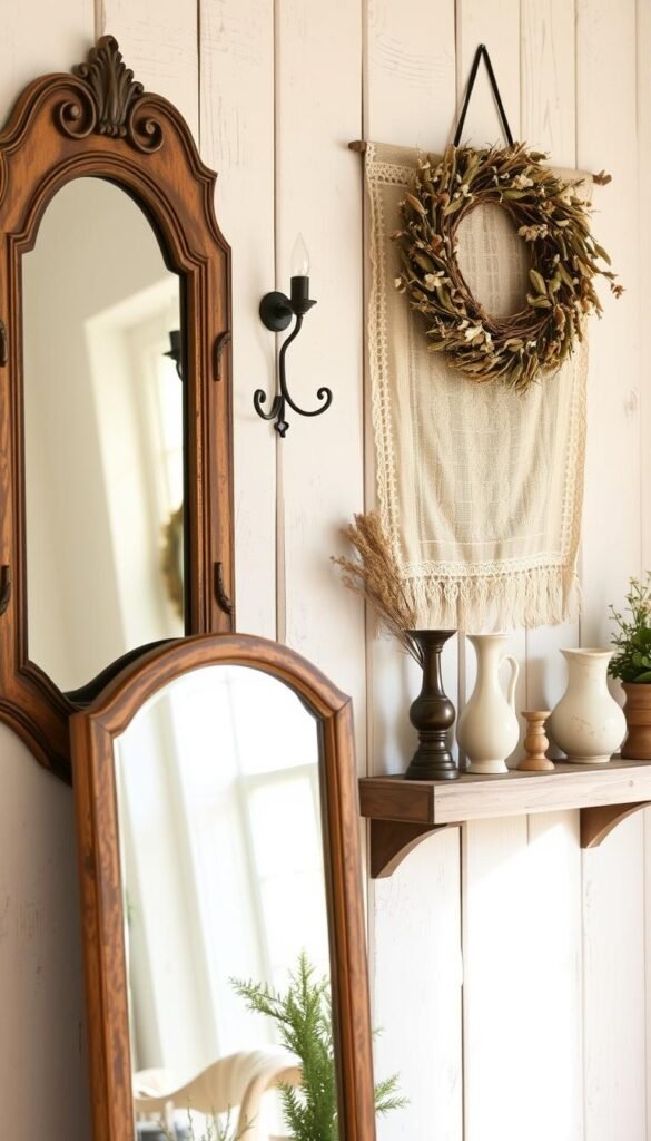 A cozy French country-style wall decor scene with vintage-inspired elements. In the foreground, a rustic wood-framed mirror reflects the warm natural light filtering through a nearby window. Adorning the wall are layered hanging pieces - an ornate metal wall sconce, a delicate lace-trimmed fabric tapestry, and a wreath of dried florals and greenery. The middle ground features a small decorative shelf displaying antique-look vases, candlesticks, and a classic ceramic pitcher. The background has textured whitewashed wooden panels, giving an aged, time-worn aesthetic that evokes a sense of history and character. The overall mood is one of soft, comfortable elegance - a harmonious blend of old-world charm and modern sensibilities.