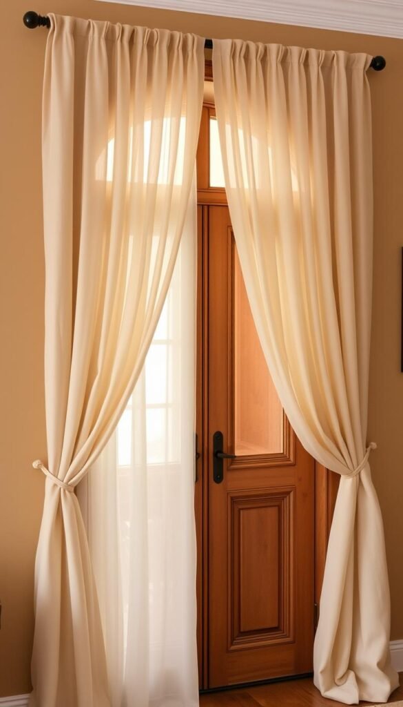 A cozy French door with delicate, flowing curtains that provide privacy and elegance. The curtains are made of soft, sheer fabric in a light, neutral tone that gently filters the natural light, creating a warm and inviting ambiance. The curtains are meticulously hung, cascading elegantly from the top of the doorframe, with gentle pleats and folds that add depth and texture. The door itself is a classic, wooden design with intricate detailing, set against a warm, neutral-toned wall. The overall scene exudes a sense of refined sophistication and tranquility, perfect for a modern living room seeking both style and privacy.