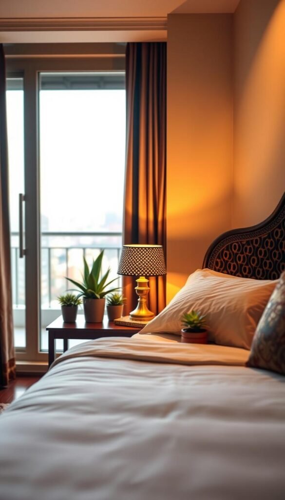A cozy Indian-inspired bedroom bathed in warm, layered lighting. In the foreground, a pair of sleek sconces cast a soft glow on the headboard's intricate carved pattern. In the midground, a brass table lamp with a textured shade illuminates a wooden side table holding potted plants. The background is softly lit by a large window, revealing a glimpse of a balcony and the city skyline beyond. The overall atmosphere is one of tranquility and comfort, creating an inviting sanctuary for rest and relaxation.