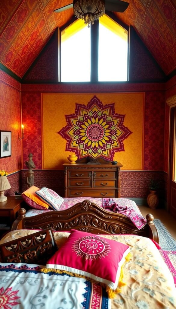 A cozy Indian-inspired bedroom with intricate wall patterns, featuring a mix of traditional and modern elements. The foreground showcases a low, ornate wooden bed frame adorned with colorful textiles and embroidered pillows. In the middle ground, an elegant carved wooden dresser stands against a vibrant feature wall, decorated with a large, intricate rangoli-inspired mural. The background reveals large windows that let in warm, natural lighting, casting a soft, ambient glow throughout the space. The overall atmosphere is one of cultural richness, comfort, and tranquility.