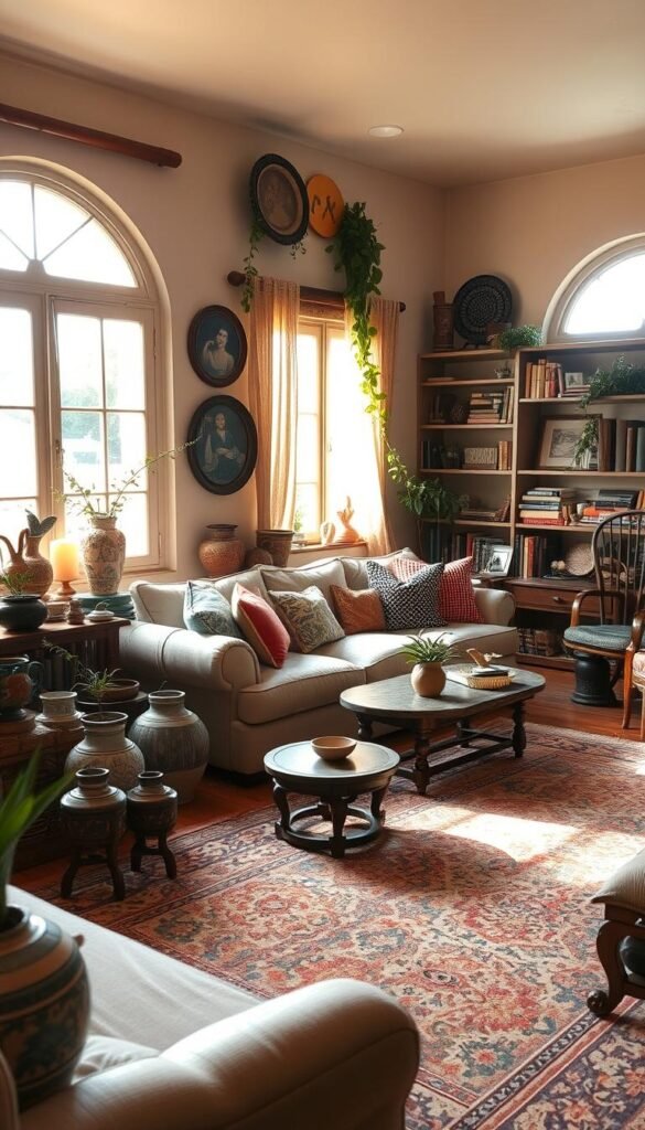 A cozy Mediterranean living room with a collected, lived-in feel. The space is bathed in warm, natural lighting filtering through large windows, casting a golden glow. In the foreground, an eclectic arrangement of vintage furniture, handwoven textiles, and ceramics create a visually striking focal point. The middle ground features a plush, neutral-toned sofa adorned with plump cushions and a mix of throw pillows in vibrant hues and patterns. Bookshelves line the walls, filled with a curated selection of well-worn tomes and personal knickknacks. Trailing plants and a rustic wooden side table add organic touches, while a large, ornate area rug grounds the space. An overall sense of relaxed sophistication pervades the scene, reflecting the owner's unique personality and design sensibilities. A cozy Mediterranean living room with a collected, lived-in feel. The space is bathed in warm, natural lighting filtering through large windows, casting a golden glow. In the foreground, an eclectic arrangement of vintage furniture, handwoven textiles, and ceramics create a visually striking focal point. The middle ground features a plush, neutral-toned sofa adorned with plump cushions and a mix of throw pillows in vibrant hues and patterns. Bookshelves line the walls, filled with a curated selection of well-worn tomes and personal knickknacks. Trailing plants and a rustic wooden side table add organic touches, while a large, ornate area rug grounds the space. An overall sense of relaxed sophistication pervades the scene, reflecting the owner's unique personality and design sensibilities.
