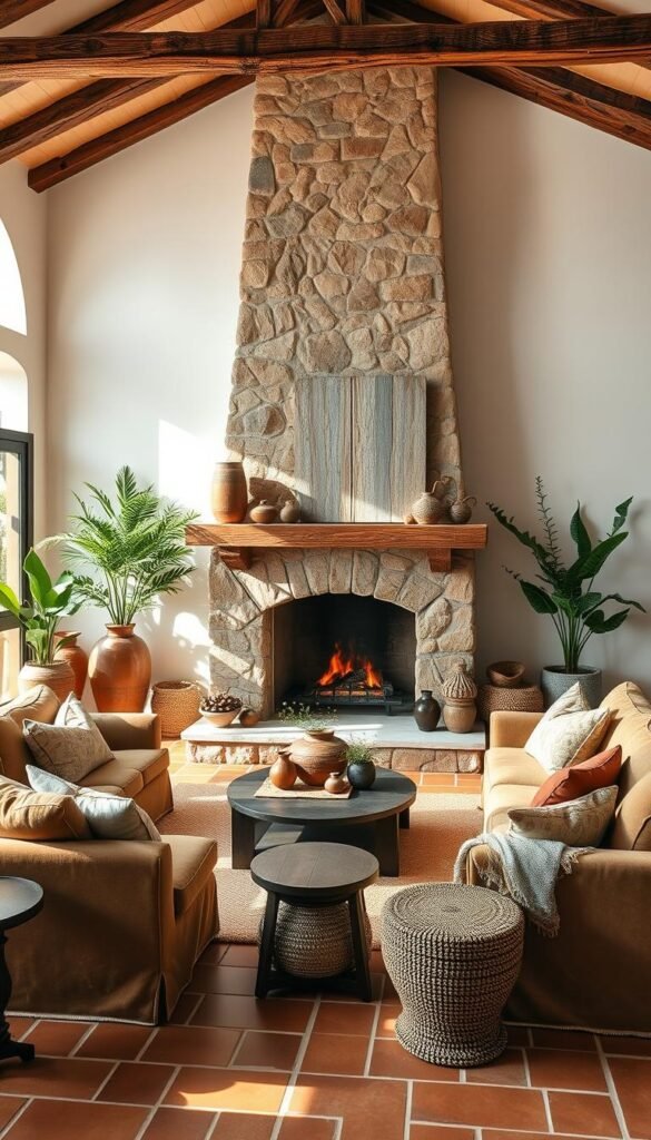 A cozy Mediterranean living room with a stunning stone fireplace taking center stage. The room is bathed in warm, natural light filtering through large windows, casting a soft glow on the terracotta tiles and whitewashed walls. Plush, earthy-toned furniture in rich textures like velvet and linen create an inviting seating area around the fireplace, while decorative pottery, woven accents, and lush potted plants add pops of color and texture. The fireplace itself is a stunning focal point, its rugged stone facade complemented by a simple, yet elegant mantel. The overall atmosphere is one of relaxed sophistication, perfectly capturing the essence of a modern Mediterranean living space. A cozy Mediterranean living room with a stunning stone fireplace taking center stage. The room is bathed in warm, natural light filtering through large windows, casting a soft glow on the terracotta tiles and whitewashed walls. Plush, earthy-toned furniture in rich textures like velvet and linen create an inviting seating area around the fireplace, while decorative pottery, woven accents, and lush potted plants add pops of color and texture. The fireplace itself is a stunning focal point, its rugged stone facade complemented by a simple, yet elegant mantel. The overall atmosphere is one of relaxed sophistication, perfectly capturing the essence of a modern Mediterranean living space.