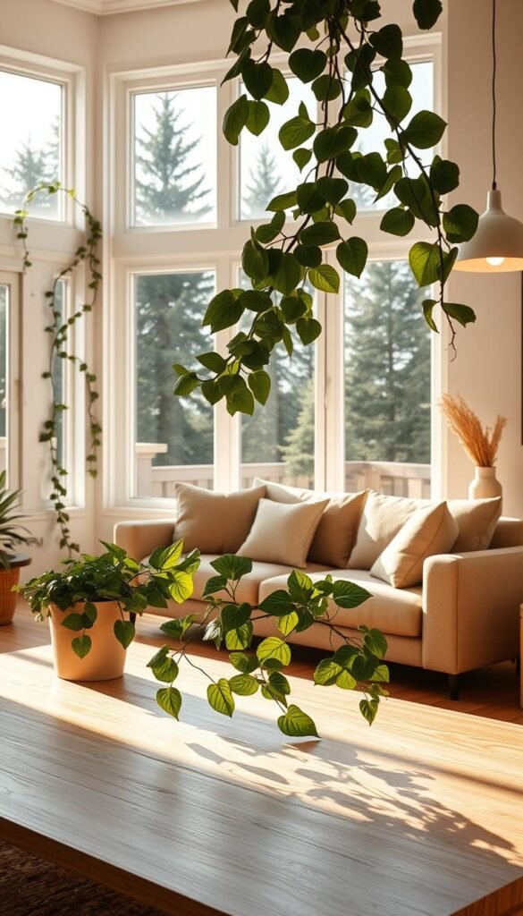 A cozy Scandinavian-inspired living room, flooded with warm natural light. In the foreground, a lush potted plant cascades over a sleek, minimalist coffee table, its verdant leaves casting dancing shadows on the smooth wooden surface. Flanking the large windows, trailing vines crawl up the crisp white walls, blurring the boundary between indoors and outdoors. The mid-ground features a plush, neutral-toned sofa, accompanied by a pair of hygge-inspired armchairs, their clean lines and organic textures inviting relaxation. Soft, diffused lighting from pendant lamps bathes the scene in a serene, golden glow, while the background reveals a glimpse of towering evergreens outside, seamlessly integrating nature into this peaceful, restorative sanctuary.