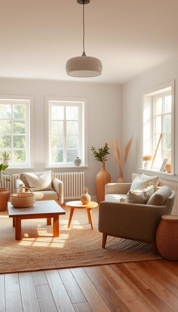 A cozy Scandinavian living room, bathed in warm natural light filtering through large windows. The space is filled with an inviting array of natural materials: a plush jute area rug, smooth wooden coffee table, and a pair of minimalist armchairs upholstered in earthy linen. Decorative accents, such as a woven basket and ceramic vases, add subtle pops of organic texture. Soft, diffused illumination from a pendant light fixture casts a soothing glow, emphasizing the room's serene, refined atmosphere. The overall aesthetic strikes a harmonious balance between function and form, reflecting the principles of Scandinavian design.