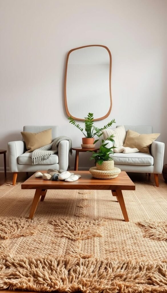 A cozy Scandinavian living room showcases a warm, inviting arrangement of natural materials. In the foreground, a plush, textured rug in earthy tones anchors the space. Atop it, a low wooden coffee table displays a collection of natural elements - smooth river stones, woven baskets, and a potted plant with lush greenery. The middle ground features a pair of comfortable linen-upholstered armchairs, complemented by a large, chunky knit throw blanket. Behind them, a feature wall is adorned with a striking, irregular-shaped mirror framed in natural wood. Soft, diffused lighting casts a gentle glow, creating a serene, hygge-inspired ambiance.