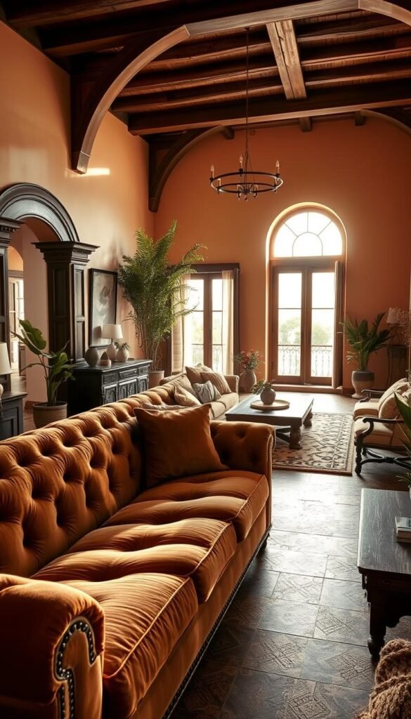 A cozy Spanish living room with a blend of old world charm and modern comfort. In the foreground, a plush, tufted sofa in a rich, earthy tone invites you to sink in. Ornate wooden accents and intricate tile floors evoke the architecture of historic Iberian villas. Flooding the space, soft, golden light from a large, arched window highlights the textures and colors. In the background, sleek, contemporary furnishings and a minimalist, open-concept layout create a harmonious contrast, seamlessly integrating the old and the new. Warm, terracotta hues, lush greenery, and rustic, handcrafted decor elements infuse the space with a sense of timeless elegance and comfort.
