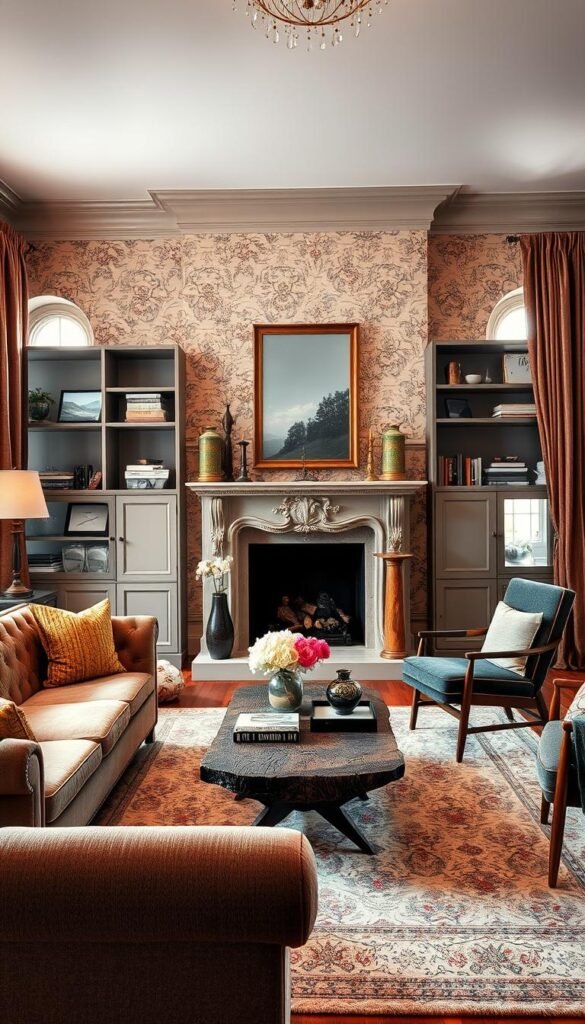 A cozy Victorian-inspired living room, bathed in warm, ambient lighting. In the foreground, a plush, tufted sofa sits alongside a mid-century modern armchair, creating a harmonious blend of old and new. The middle ground showcases a rustic wooden coffee table, topped with a mix of contemporary and antique decor items. In the background, a grand, ornate fireplace mantel stands as the focal point, flanked by sleek, minimalist bookcases that juxtapose the room's vintage charm. Delicate floral wallpaper and rich, textured curtains add depth and character to the space, while a mix of textures, from velvet to wood to glass, bring the eclectic design together seamlessly.