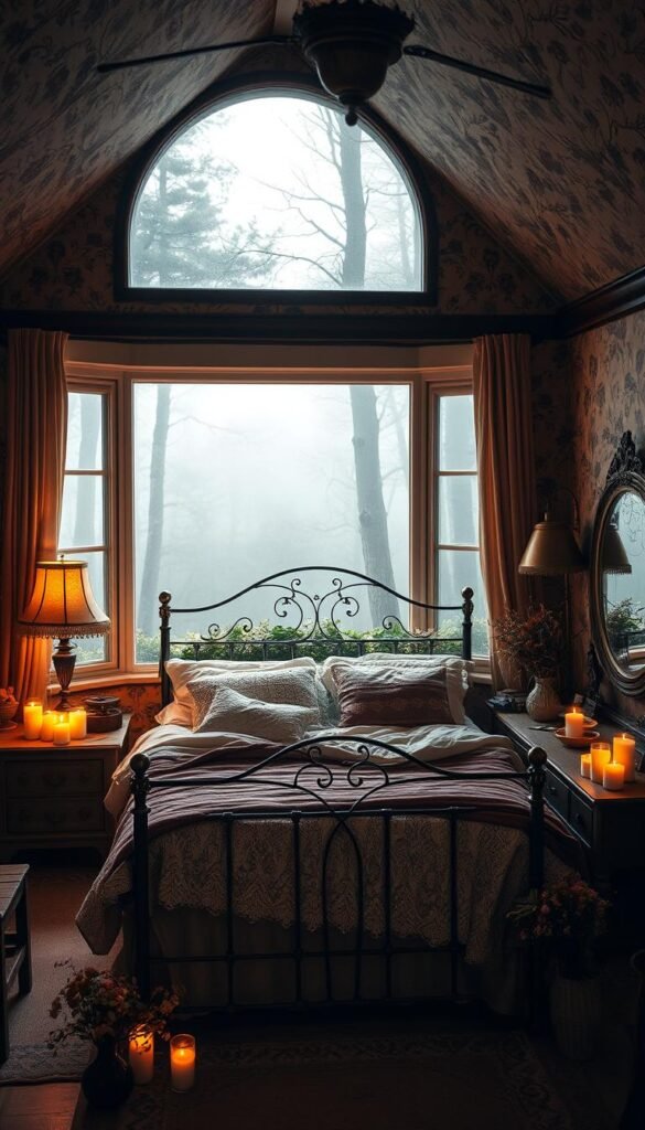 A cozy and atmospheric bedroom nestled in a secluded forest, illuminated by the warm glow of candlelight. The walls are adorned with intricate floral wallpaper, creating a sense of organic elegance. A large, wrought-iron bed dominates the center, draped with delicate lace and cozy quilts. Clusters of candles flicker on the weathered wooden nightstands, casting a soft, moody light. Antique brass lamps and a vintage vanity with a cracked mirror add to the rustic, lived-in feel. Dried flower bouquets and potted plants bring the outdoors in, while a large bay window offers a dreamy view of the misty forest beyond. An overall sense of enchantment and retreat pervades the scene.