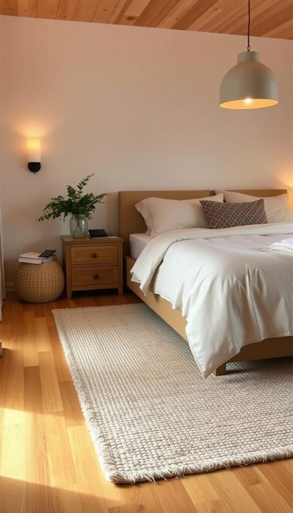 A cozy and earthy bedroom with natural hardwood flooring in a warm honey hue. Overlaid with a plush, low-pile area rug in a neutral beige tone, woven with subtle earth-toned patterns. The rug's organic textures and muted colors create a grounded, soothing foundation for the space. Warm, diffused lighting from sconces and a soft pendant fixture casts a gentle glow, accentuating the natural materials and inviting a sense of comfort. The overall ambiance is one of tranquility and ease, enveloping the viewer in a warm embrace.