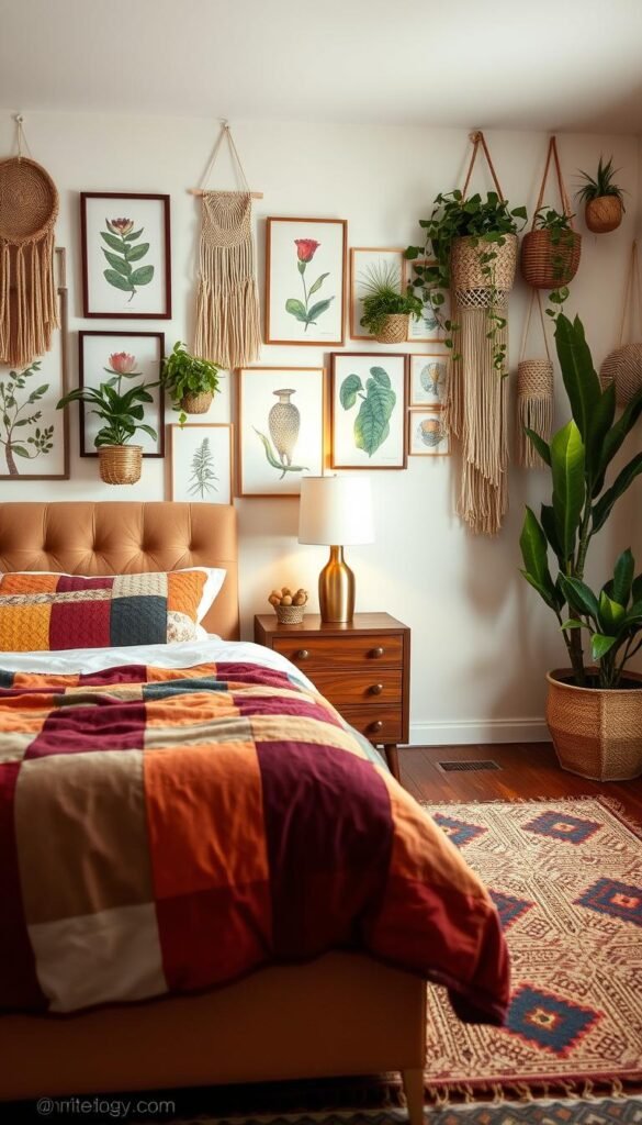 A cozy and eclectic boho-style bedroom featuring a mix of vibrant patterns and textures. In the foreground, a plush, tufted headboard is adorned with a patchwork quilt in earthy tones. Beside it, a mid-century modern nightstand holds a brass table lamp with a linen shade. In the middle ground, a hand-woven area rug in bold geometric designs grounds the space. Against the walls, a gallery wall showcases an eclectic assortment of framed botanical prints and macrame wall hangings. Cascading potted plants and woven baskets add organic touches. The overall lighting is soft and warm, creating a serene and inviting atmosphere.