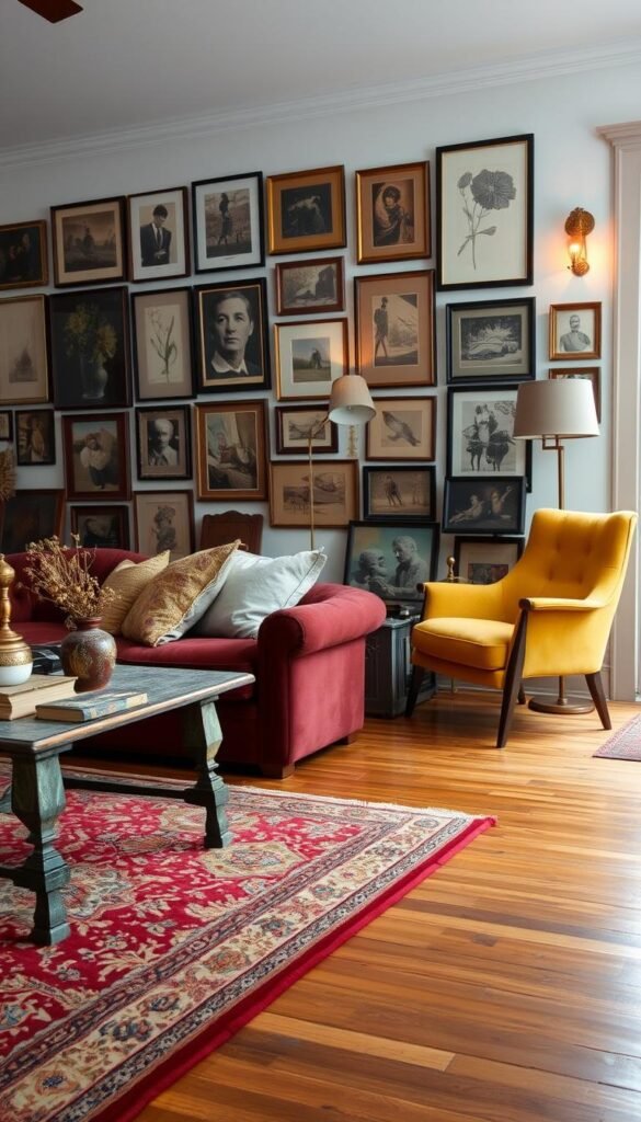 A cozy and eclectic living room filled with global and vintage finds. In the foreground, an ornate Persian rug covers the hardwood floor, complemented by a plush, overstuffed velvet sofa in a deep burgundy hue. Atop a weathered, distressed coffee table sit various decorative items, including an antique brass lamp, a ceramic vase with dried flowers, and an aged leather-bound book. In the middle ground, a mid-century modern armchair in a mustard yellow fabric is positioned next to a tall, vintage floorstanding lamp with a tapered shade. The walls are adorned with a gallery wall of vintage-inspired framed artwork, ranging from abstract expressionist prints to sepia-toned photographs. Soft, warm lighting from a large window and a pair of sconces creates a cozy, inviting atmosphere, highlighting the eclectic mix of global and vintage elements that define this thoughtfully curated living space.