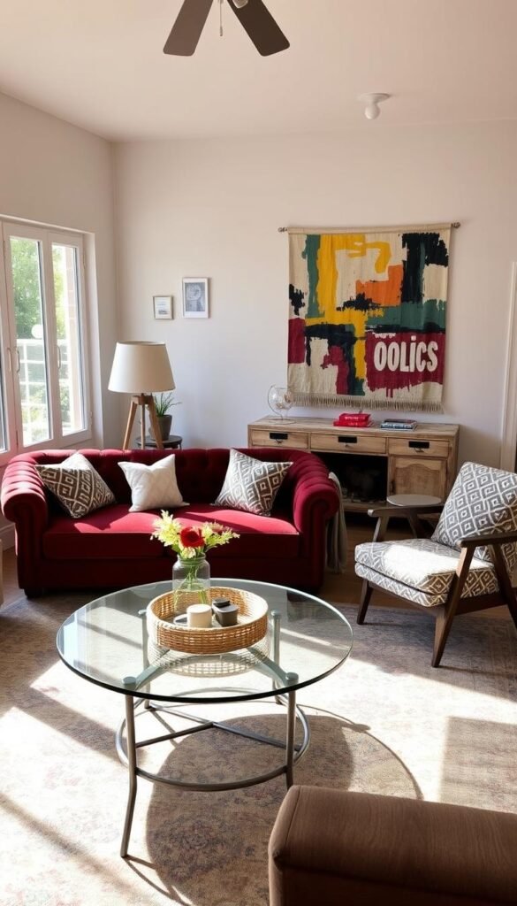 A cozy and eclectic living room, sunlight streaming through large windows, illuminating a curated mix of textures and patterns. In the foreground, a plush, tufted velvet sofa in a rich burgundy hue, accented by a smattering of patterned throw pillows in complementary tones. Alongside, a mid-century modern armchair upholstered in a striking geometric fabric. The middle ground features a sleek, glass-topped coffee table, its surface adorned with a woven rattan tray and a scattering of artful objets. In the background, a distressed wooden console table supports a vibrant, abstract wall hanging, its bold brushstrokes adding a dynamic element to the space. Underfoot, a vintage Persian rug in a muted palette ties the room together, its intricate patterns echoing the eclectic design.