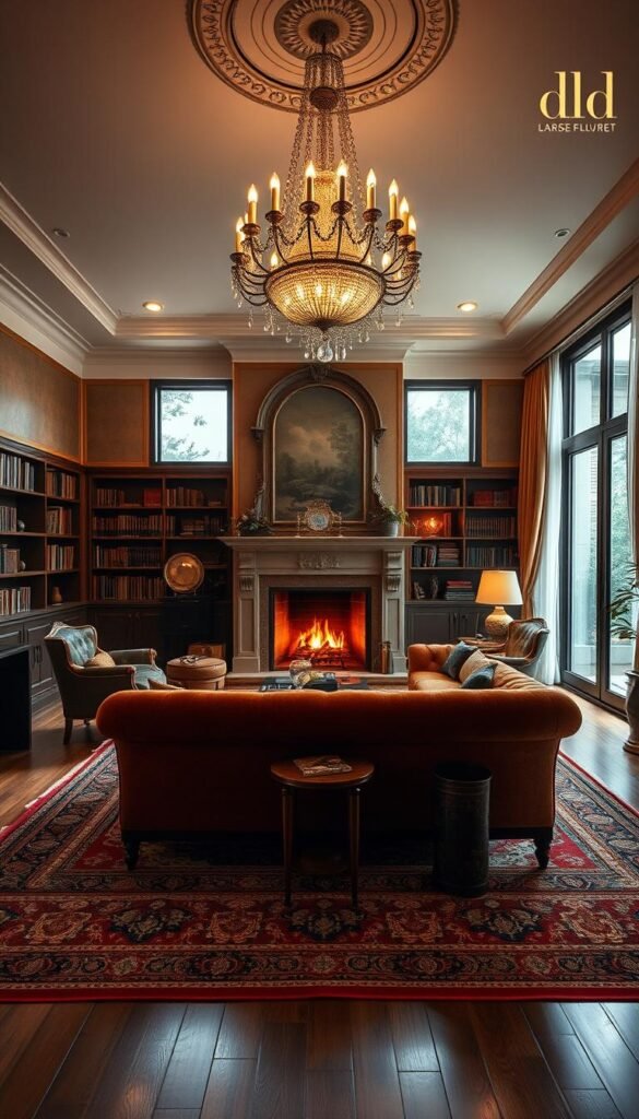 A cozy and elegant living room retreat, bathed in warm, soft lighting. An oversized, plush sofa in a rich, velvety fabric sits centered, flanked by vintage-inspired armchairs. A large, ornate fireplace dominates the back wall, its crackling flames casting a golden glow. Intricate, hand-woven rugs cover the hardwood floors, while a grand, crystal chandelier hangs overhead, refracting the light. Bookshelves line the side walls, filled with leather-bound volumes. Large windows offer a view of a lush, private garden, letting in natural light that filters through sheer, flowing curtains. The overall atmosphere is one of refined sophistication and comfortable luxury.
