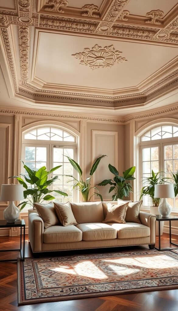 A cozy and elegant living room with a beige sofa nestled beneath ornate crown molding. The space is bathed in warm, natural light filtering through large windows, casting a soft glow on the plush upholstery. Meticulously crafted molding runs along the ceiling, its intricate patterns and textures adding a sense of timeless sophistication. The sofa is flanked by sleek, modern end tables, complementing the room's blend of classic and contemporary elements. Lush potted plants and a statement area rug complete the tranquil, inviting atmosphere, creating a harmonious and visually striking scene.