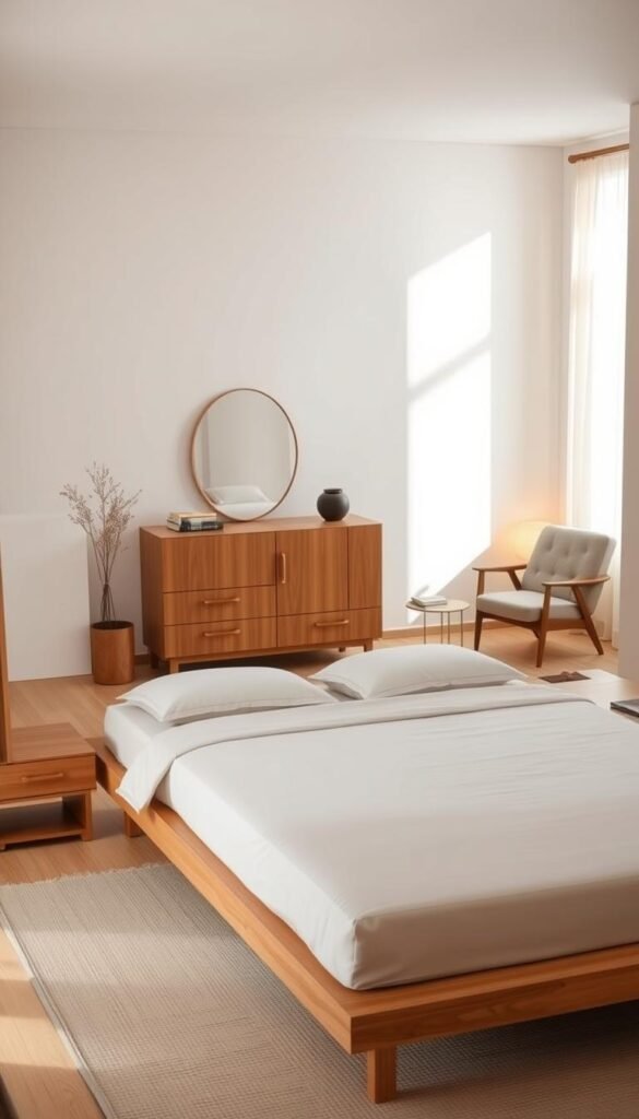A cozy and harmonious Japandi-inspired bedroom, showcasing a carefully curated selection of modern and minimalist furniture. In the foreground, a low-profile platform bed with a natural wood frame and soft, neutral bedding. Flanking the bed, a pair of sleek nightstands with clean lines and subtle hardware. In the middle ground, a mid-century-inspired dresser in a warm, oak tone, complemented by a simple, oval-shaped mirror. In the background, a neutral-toned accent chair and a small, round side table, creating a cohesive and balanced composition. The room is bathed in soft, natural lighting, with a hint of warm, ambient glow, evoking a sense of tranquility and refined elegance.