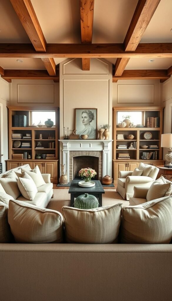 A cozy and inviting French country-style living room with a functional furniture layout. In the foreground, a plush, neutral-toned sofa with soft, oversized throw pillows faces a rustic wooden coffee table. To the side, a pair of armchairs in a complementary fabric creates an intimate seating area. The middle ground features a classic fireplace with a whitewashed mantel, surrounded by built-in bookshelves filled with vintage-inspired decor. Warm, natural lighting from large windows filters in, casting a soft, diffused glow throughout the space. The background showcases exposed beams and a neutral-toned wall paneling, adding to the room's charming, rustic ambiance. The overall layout is both visually appealing and practical, inviting guests to relax and unwind.