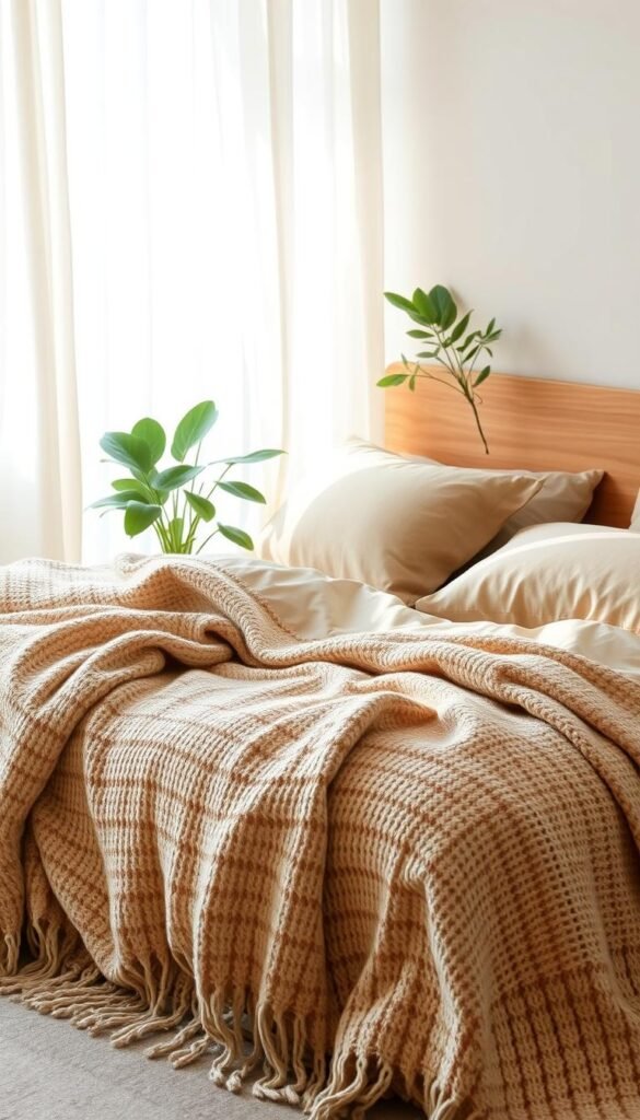 A cozy and inviting bed is anchored by natural fiber bedding in warm, earthy tones. Subtly textured throws in neutral hues cascade over the foot of the bed, their intricate patterns casting soft shadows. Gentle side lighting filters through sheer curtains, illuminating the delicate weaves and creating a serene, soothing atmosphere. The bed is framed by a minimalist, wooden headboard that blends seamlessly with the overall earthy palette. Lush indoor plants add pops of verdant color, completing the tranquil, nature-inspired scene.