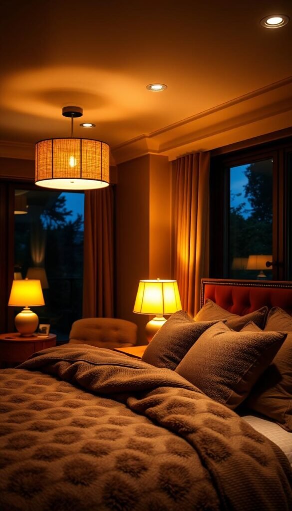 A cozy and inviting bedroom bathed in warm, layered lighting. Soft, amber-hued table lamps illuminate the nightstands, casting a gentle glow across the plush, earthy-toned bedding. In the background, a floor lamp with a natural fiber shade casts a soft, diffused light, creating a soothing ambiance. Recessed ceiling lights are dimmed, adding depth and dimension to the space. Large windows allow natural light to filter in, complementing the artificial sources. The overall effect is a harmonious and calming atmosphere, perfect for unwinding and relaxing.