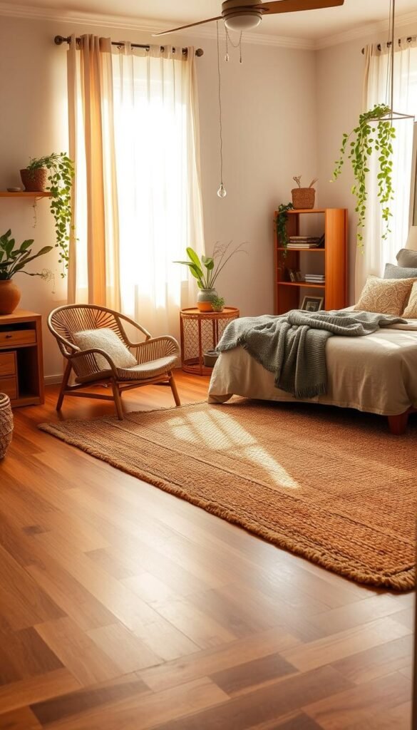 A cozy and inviting bedroom, bathed in warm, natural light filtering through sheer curtains. In the foreground, a plush, earthy-toned rug covers the hardwood floor, its woven texture inviting bare feet. Scattered throughout the space, natural materials like wooden nightstands, a rattan armchair, and a linen-upholstered bed frame create a harmonious, organic atmosphere. Trailing plants cascade from shelves, adding lush greenery, while textured throw pillows and a knitted blanket on the bed add soft, comforting layers. The overall mood is one of serenity and connection with the natural world, perfectly capturing the essence of an earthy, yet elevated bedroom design.
