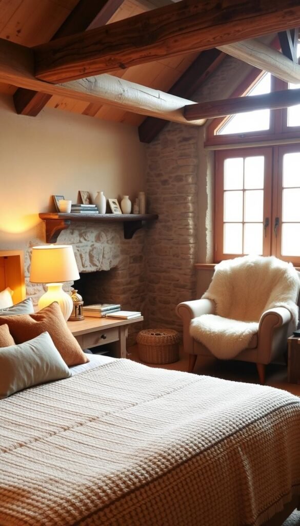 A cozy and inviting bedroom interior, filled with warm textures and natural materials. In the foreground, a plush king-size bed with a soft, knitted blanket and an assortment of plump pillows in earthy tones. Beside the bed, a rustic wooden nightstand with a glowing table lamp and a stack of books. In the middle ground, an overstuffed armchair draped with a sheepskin rug, creating a cozy reading nook. The background features exposed wooden beams, natural stone walls, and a large window that lets in soft, diffused lighting, casting a gentle glow throughout the space. The overall atmosphere is one of comfort, relaxation, and effortless style.