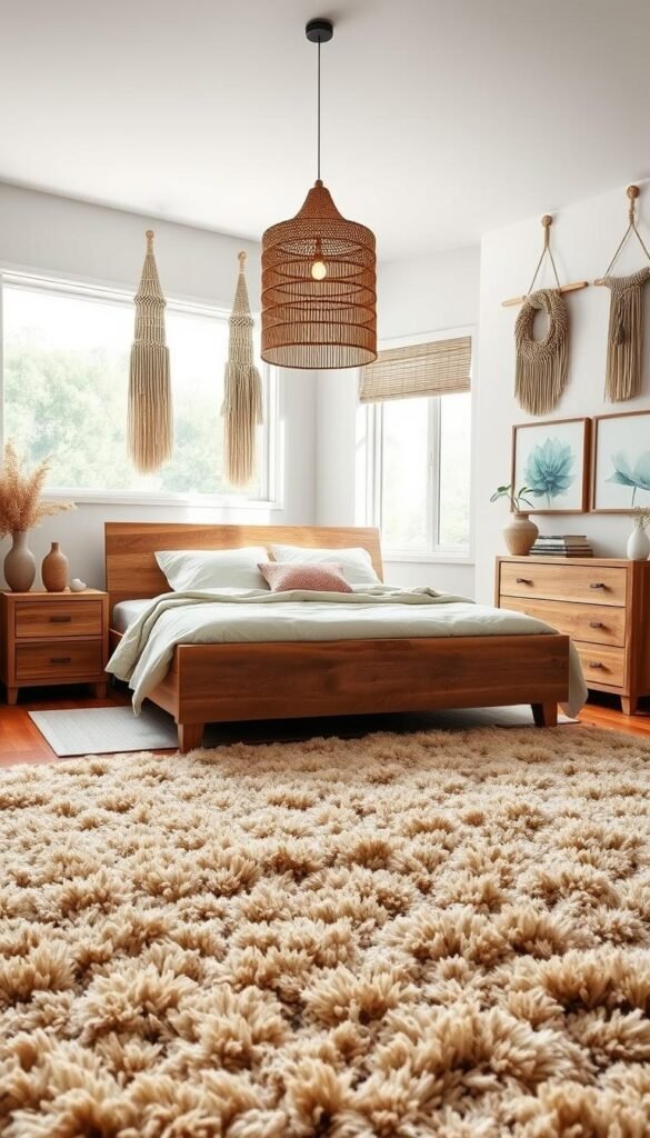 A cozy and inviting bedroom interior showcasing a harmonious blend of natural materials. In the foreground, a plush, earthy-toned area rug anchors the space, its organic textures inviting tactile exploration. Wooden nightstands and a dresser in a warm, rustic finish flank a generously proportioned bed, its headboard crafted from weathered, reclaimed wood. Overhead, a modern pendant light with a woven, natural fiber shade casts a soft, ambient glow. The walls are adorned with artfully arranged macrame wall hangings and framed botanical prints, while a large, picture window allows natural daylight to flood the room, creating a serene and rejuvenating atmosphere. A cozy and inviting bedroom interior showcasing a harmonious blend of natural materials. In the foreground, a plush, earthy-toned area rug anchors the space, its organic textures inviting tactile exploration. Wooden nightstands and a dresser in a warm, rustic finish flank a generously proportioned bed, its headboard crafted from weathered, reclaimed wood. Overhead, a modern pendant light with a woven, natural fiber shade casts a soft, ambient glow. The walls are adorned with artfully arranged macrame wall hangings and framed botanical prints, while a large, picture window allows natural daylight to flood the room, creating a serene and rejuvenating atmosphere.