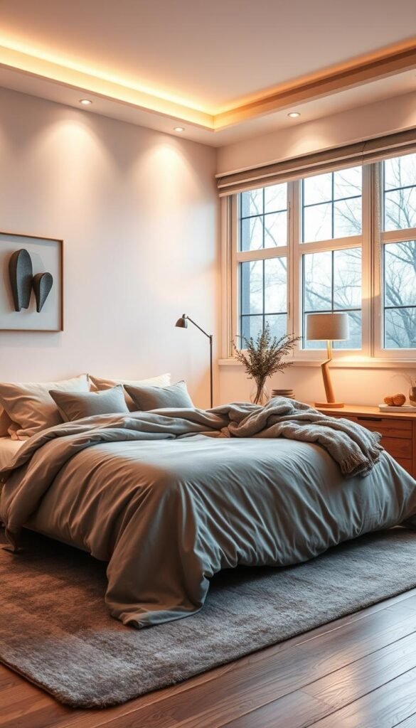 A cozy and inviting bedroom scene, bathed in a warm, soft glow. The room features a large, plush bed draped in neutral-toned bedding, with a tasteful arrangement of decorative pillows and a fluffy, oversized throw blanket. Indirect lighting from concealed fixtures along the walls and ceiling creates a gentle, diffused illumination, accentuating the subtle hues of the textiles and natural wood furnishings. Carefully placed task lighting, such as a minimalist bedside lamp and a floor lamp in the corner, provide focused luminance to specific areas, enhancing the visual interest and depth of the space. Large windows allow natural daylight to filter in, creating a harmonious blend of natural and artificial light sources. The overall atmosphere is one of tranquility and relaxation, inviting the viewer to envision themselves in this serene, yet stylish, bedroom retreat. A cozy and inviting bedroom scene, bathed in a warm, soft glow. The room features a large, plush bed draped in neutral-toned bedding, with a tasteful arrangement of decorative pillows and a fluffy, oversized throw blanket. Indirect lighting from concealed fixtures along the walls and ceiling creates a gentle, diffused illumination, accentuating the subtle hues of the textiles and natural wood furnishings. Carefully placed task lighting, such as a minimalist bedside lamp and a floor lamp in the corner, provide focused luminance to specific areas, enhancing the visual interest and depth of the space. Large windows allow natural daylight to filter in, creating a harmonious blend of natural and artificial light sources. The overall atmosphere is one of tranquility and relaxation, inviting the viewer to envision themselves in this serene, yet stylish, bedroom retreat.