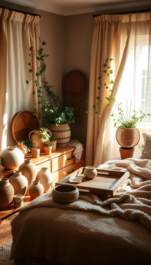 A cozy and inviting bedroom scene, bathed in warm, natural lighting filtering through linen curtains. In the foreground, an assortment of handcrafted ceramic vessels, woven baskets, and rustic wooden trays adorn a wooden dresser. Trailing vines and potted plants add lush greenery, complementing the earthy tones of the decor. A plush, neutral-toned rug and textured throw blanket on the bed create a sense of comfort and relaxation. The overall atmosphere is one of organic, artisanal charm, reflecting the beauty of handmade, sustainable home accents.