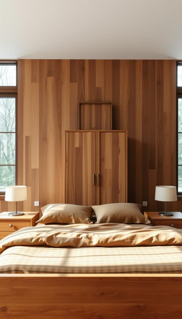 A cozy and inviting bedroom scene featuring a tasteful arrangement of natural wood furniture. In the foreground, a sturdy wooden bed frame with a plush, earthy-toned bedding set. Flanking the bed, two matching wood nightstands with simple, minimalist lamps casting a warm, diffused glow. In the middle ground, a wooden dresser or armoire, its clean lines and rich grain texture adding depth and character to the space. The background showcases a wall of exposed wood paneling, lending an organic, rustic ambiance to the room. Soft, natural lighting filters in through large windows, creating a serene and grounding atmosphere. The overall composition evokes a sense of comfort, balance, and a connection to the natural world. A cozy and inviting bedroom scene featuring a tasteful arrangement of natural wood furniture. In the foreground, a sturdy wooden bed frame with a plush, earthy-toned bedding set. Flanking the bed, two matching wood nightstands with simple, minimalist lamps casting a warm, diffused glow. In the middle ground, a wooden dresser or armoire, its clean lines and rich grain texture adding depth and character to the space. The background showcases a wall of exposed wood paneling, lending an organic, rustic ambiance to the room. Soft, natural lighting filters in through large windows, creating a serene and grounding atmosphere. The overall composition evokes a sense of comfort, balance, and a connection to the natural world.