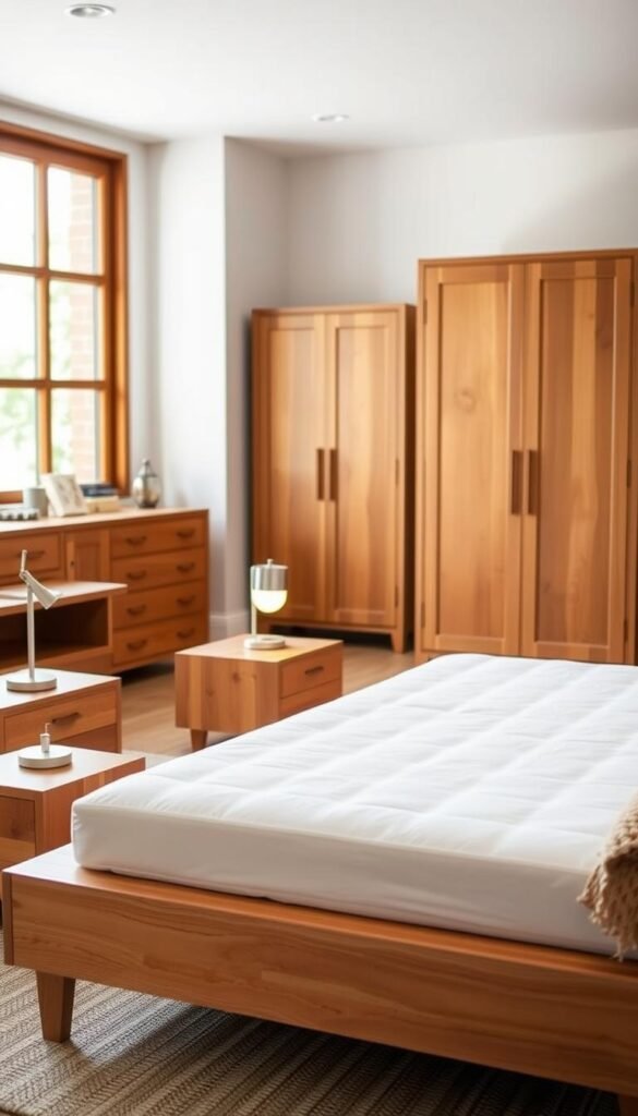 A cozy and inviting bedroom scene, showcasing a set of wood furniture with clean, minimalist lines. In the foreground, a low-profile platform bed with a simple headboard in a warm, natural wood tone. Nightstands with clean-cut edges flank the bed, topped with small lamps that cast a soft, ambient glow. In the middle ground, a dresser and armoire in the same wood finish, their designs emphasizing straight lines and subtle curves. The background features a large window, allowing natural light to filter in and complement the warm tones of the furniture. The overall atmosphere is one of tranquility and sophistication, creating a serene and restful retreat.
