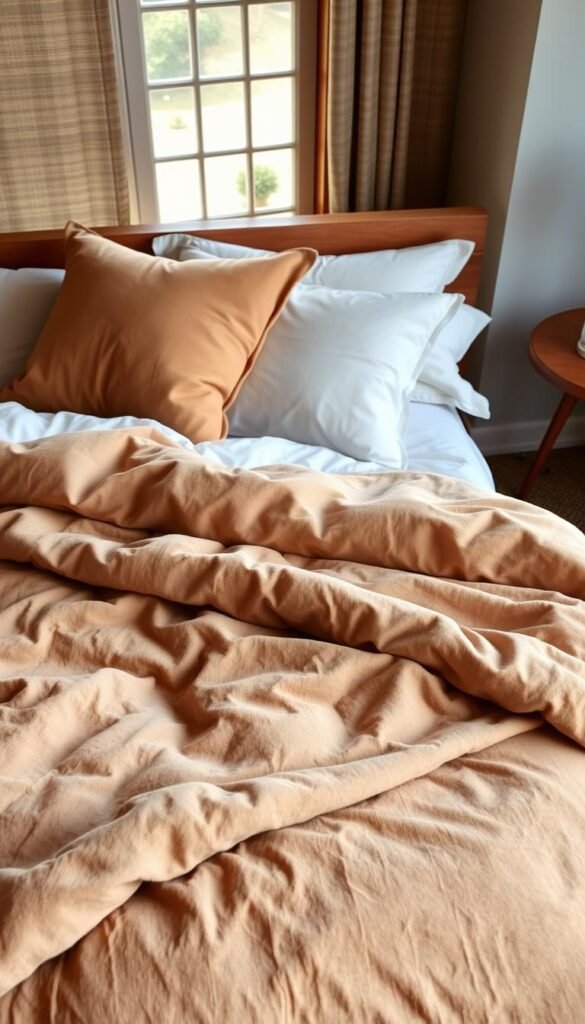 A cozy and inviting bedroom scene with a neatly made bed featuring layers of soft, plush bedding. The foreground showcases a thick, textured duvet cover in an earthy neutral tone, accented by oversized pillows in a complementary color palette. The middle ground displays delicate linen sheets and a fluffy down comforter, creating a visually captivating depth and dimension. In the background, a neutral-toned area rug and wooden headboard provide a warm, natural ambiance, illuminated by soft, diffused lighting from a nearby window. The overall composition exudes a sense of comfort, relaxation, and refined, modern style. A cozy and inviting bedroom scene with a neatly made bed featuring layers of soft, plush bedding. The foreground showcases a thick, textured duvet cover in an earthy neutral tone, accented by oversized pillows in a complementary color palette. The middle ground displays delicate linen sheets and a fluffy down comforter, creating a visually captivating depth and dimension. In the background, a neutral-toned area rug and wooden headboard provide a warm, natural ambiance, illuminated by soft, diffused lighting from a nearby window. The overall composition exudes a sense of comfort, relaxation, and refined, modern style.