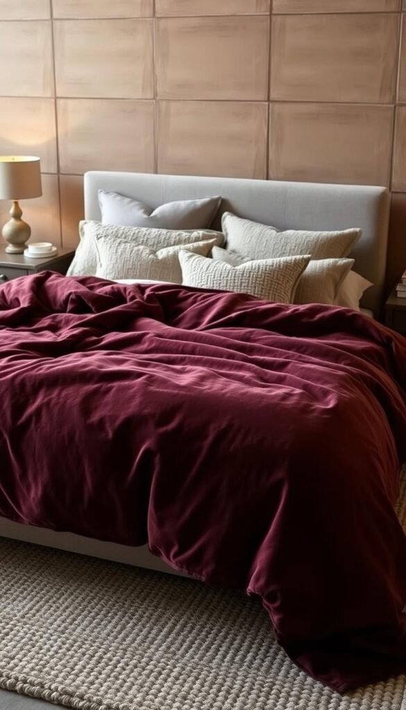 A cozy and inviting bedroom setting with a focus on tactile textures. In the foreground, a plush, velvety duvet cover in a rich, jewel-toned hue cascades over a sumptuous, linen-upholstered bed frame. Soft, woven throws and pillows in neutral tones add layers of warmth and depth. In the middle ground, a textured, natural fiber area rug grounds the space, its tactile surface contrasting with the smooth, lacquered wood of the bedside tables. The background features a textured, paneled wall in a muted, earthy tone, creating a sense of coziness and depth. Warm, diffused lighting casts a gentle glow, enhancing the inviting, tactile atmosphere. A cozy and inviting bedroom setting with a focus on tactile textures. In the foreground, a plush, velvety duvet cover in a rich, jewel-toned hue cascades over a sumptuous, linen-upholstered bed frame. Soft, woven throws and pillows in neutral tones add layers of warmth and depth. In the middle ground, a textured, natural fiber area rug grounds the space, its tactile surface contrasting with the smooth, lacquered wood of the bedside tables. The background features a textured, paneled wall in a muted, earthy tone, creating a sense of coziness and depth. Warm, diffused lighting casts a gentle glow, enhancing the inviting, tactile atmosphere.