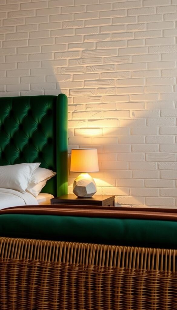 A cozy and inviting bedroom with a focus on textured elements. In the foreground, a plush, tufted velvet headboard in a deep shade of emerald green. On the bedside tables, ceramic lamps with organic, irregular shapes casting a warm, diffused glow. The middle ground features a woven rattan bench at the foot of the bed, its intricate pattern adding visual interest. In the background, a textured wall treatment, perhaps a whitewashed brick or linen-inspired wallpaper, creating a soothing and layered backdrop. Soft, indirect lighting illuminates the space, highlighting the varied textures and creating a sense of depth and dimension. The overall mood is one of modern sophistication and tactile comfort.