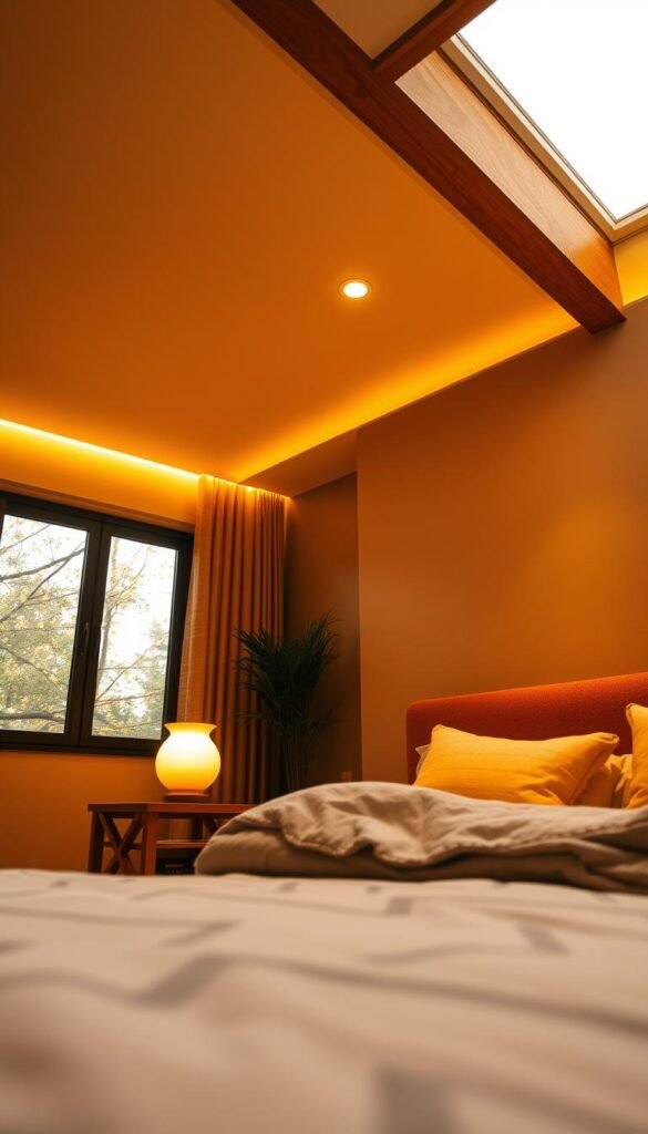 A cozy and inviting bedroom with a layered lighting design that creates a warm, earthy glow. In the foreground, a soft table lamp casts a gentle, amber-hued light, illuminating a wooden nightstand and plush bedding. In the middle ground, recessed ceiling lights provide a subtle, diffused brightness, highlighting the textured, neutral-toned walls and wooden beams. In the background, a large window allows natural light to filter in, casting a golden, sunlit ambiance throughout the space. The overall atmosphere is one of tranquility and comfort, evoking a sense of being enveloped in a warm embrace.