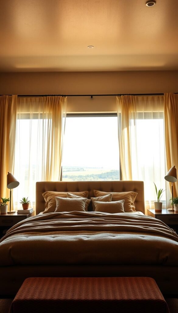 A cozy and inviting bedroom with a mix of modern and rustic elements. The room is bathed in warm, natural lighting, creating a serene and relaxing atmosphere. In the foreground, a plush, tufted headboard dominates the focal point, complemented by soft, textured bedding in earthy tones. Flanking the bed, mid-century inspired nightstands hold reading lamps and potted plants, adding a touch of greenery. In the background, a large window overlooking a tranquil landscape allows the natural light to flood the space, while sheer curtains softly diffuse the glow. The overall aesthetic is a harmonious blend of textures, colors, and styles, reflecting a personal and inviting bedroom oasis.