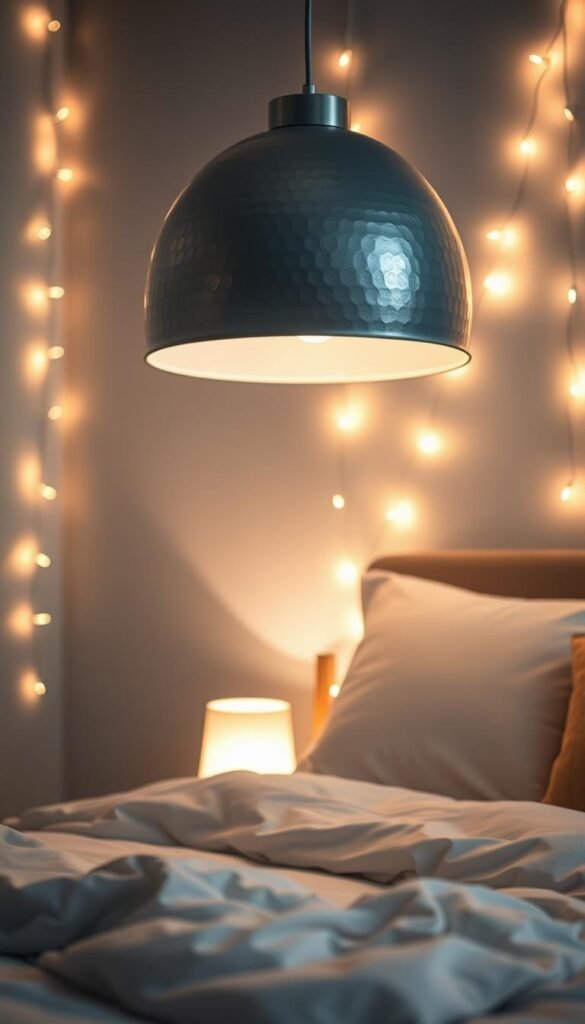 A cozy and inviting bedroom with a stunning Pinterest-worthy lighting setup. In the foreground, a minimalist bedside table with a soft, diffused lamp casting a warm glow. Above the bed, a sleek, modern pendant light with a round, hammered metal shade illuminates the space. Scattered around the room, string lights drape gracefully, creating a magical, twinkling ambiance. The overall mood is serene, calming, and visually captivating, perfectly reflecting the "Pinterest-Perfect Space" aesthetic.