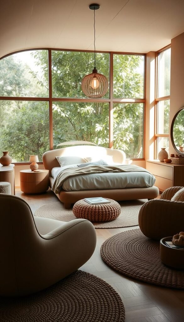 A cozy and inviting bedroom with curved, sculptural furniture pieces in earthy, organic tones. The centerpiece is a sumptuously upholstered bed with a gently curved headboard, complemented by a matching dresser and nightstands featuring smooth, flowing lines. Soft lighting emanates from a pendant light above, casting a warm glow over the space. The room is bathed in natural light filtering through large windows, surrounded by lush, verdant foliage outside. Textures abound, from woven rugs to wicker accents, creating a harmonious, bohemian-inspired ambiance.