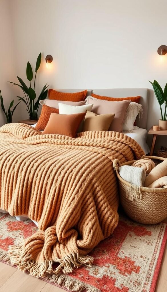 A cozy and inviting bedroom with layered textiles in earthy tones. In the foreground, a plush, oversized knit blanket in a warm camel hue cascades over a queen-sized bed, creating a soft, inviting texture. Atop the bed, an assortment of throw pillows in complementary earth-toned patterns - linen, velvet, and fringed - add depth and visual interest. In the middle ground, a vintage-inspired area rug in muted shades of rust and ochre anchors the space, its worn, distressed appearance lending an air of rustic charm. Tall, potted plants in the corners and a woven basket overflowing with soft, neutral-toned textiles contribute to the cozy, lived-in feel. Warm, diffused lighting from a pair of sconces on the walls casts a gentle glow, highlighting the natural textures and creating a serene, relaxing atmosphere.