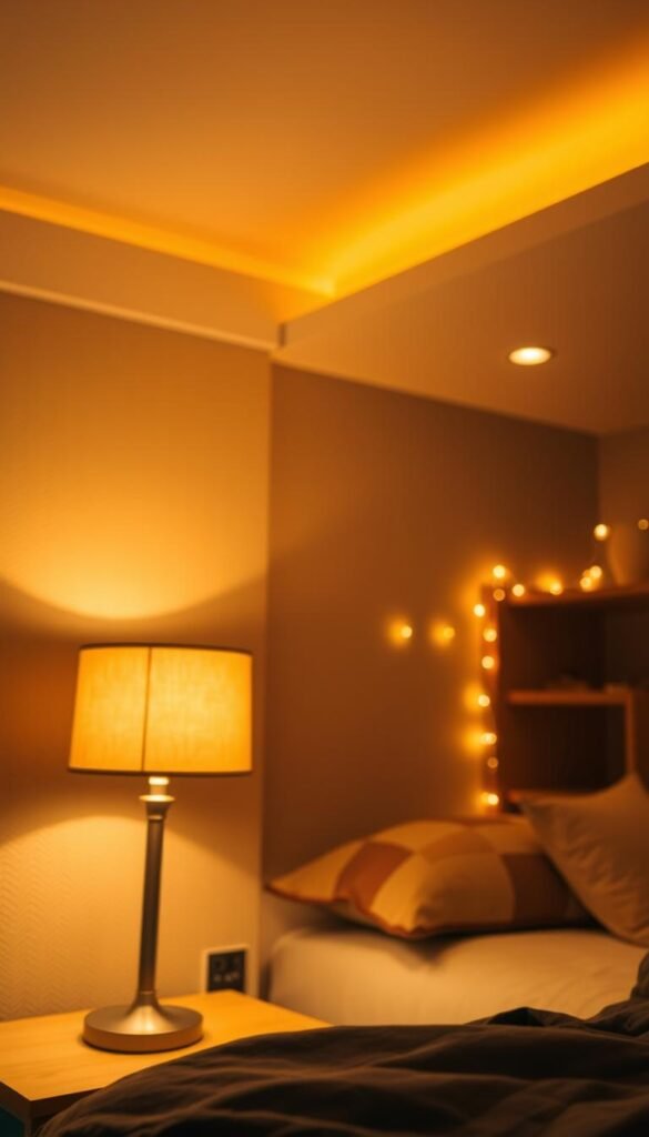 A cozy and inviting bedroom with layers of warm, ambient lighting. In the foreground, a soft, golden glow emanates from a table lamp with a linen shade, casting a gentle radiance across the nightstand and bedding. In the middle ground, recessed ceiling lights create a subtle, even illumination, highlighting the textured walls and wooden furniture. In the background, a delicate string of fairy lights runs along the headboard, adding a touch of whimsy and a sense of depth to the scene. The overall atmosphere is one of relaxation and comfort, perfect for unwinding after a long day.