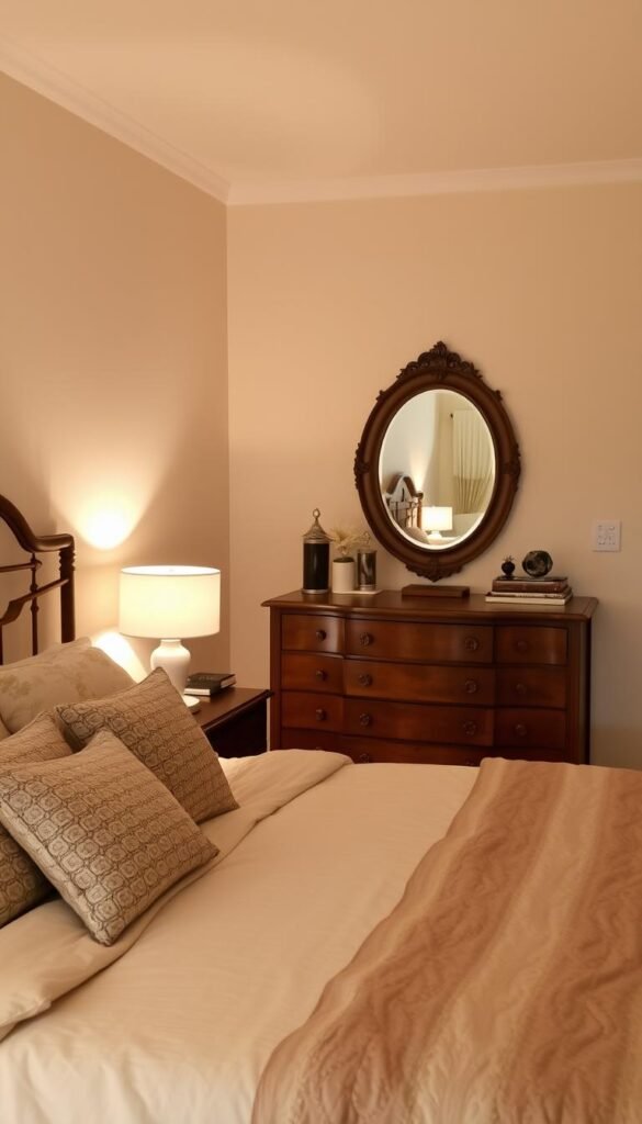 A cozy and inviting bedroom with soft lighting, warm hues, and carefully curated decor elements. In the foreground, a plush bedding set with a mix of textures and patterns, complemented by an ornate headboard and nightstands with minimalist lamps. In the middle ground, a wooden dresser with decorative accents and a large mirror reflecting the ambient light. The background features a neutral-toned wall with a simple, yet elegant artwork or wall hanging, creating a harmonious and visually appealing space.