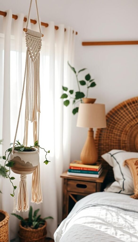 A cozy and inviting boho bedroom with artfully crafted elements. In the foreground, a handwoven macrame wall hanging and a hand-painted ceramic planter with trailing vines. In the middle, a rustic wooden nightstand topped with a rattan lamp and a stack of boho-inspired books. In the background, a woven rattan headboard framed by sheer white curtains, casting a warm glow from the soft window light. The overall mood is earthy, serene, and infused with a free-spirited, artisanal aesthetic.
