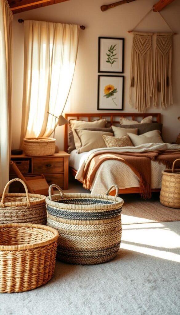 A cozy and inviting boho-inspired bedroom, bathed in warm, natural light filtering through sheer curtains. In the foreground, a collection of expertly woven baskets in earthy tones and textures, artfully arranged on a rustic wooden dresser. The baskets offer ample storage space, yet blend seamlessly with the room's decor, adding depth and visual interest. Midground showcases a plush, neutral-toned bed adorned with lush, textured bedding and an array of throw pillows. In the background, a gallery wall of framed botanical prints and macrame wall hangings completes the serene, bohemian ambiance. The overall scene conveys a sense of warmth, relaxation, and a harmonious blend of form and function.