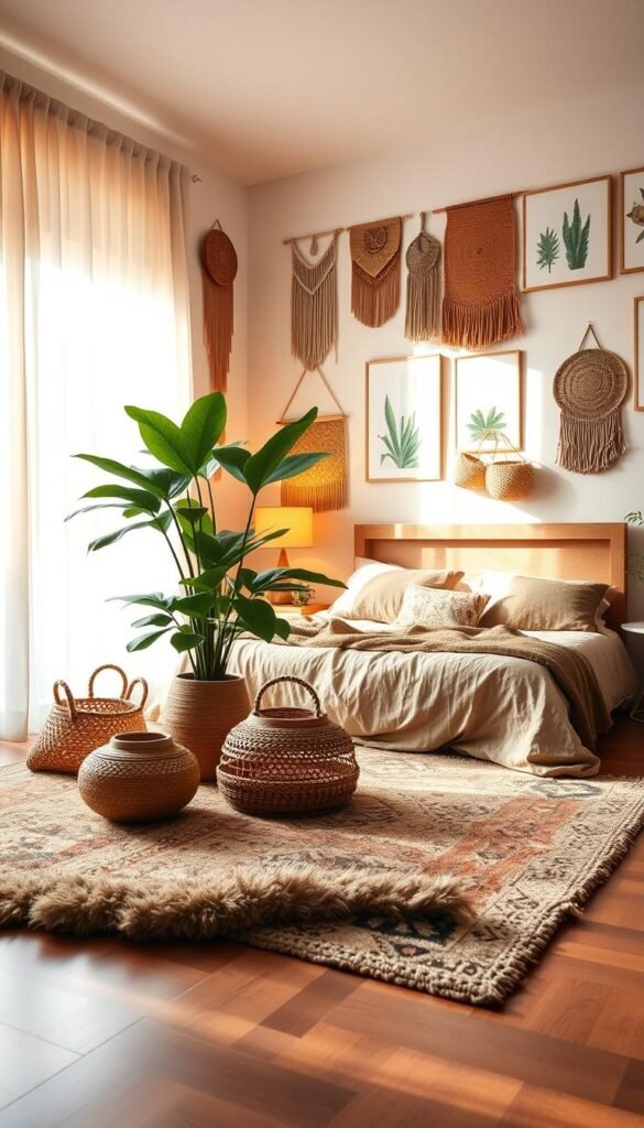 A cozy and inviting boho-style bedroom, bathed in warm, natural light filtering through sheer curtains. In the foreground, a plush area rug with an intricate earthy pattern lays upon the hardwood floor. Arranged atop the rug are woven baskets, macrame wall hangings, and a large potted plant with lush, verdant foliage. The middle ground features a wooden bed frame adorned with a bohemian duvet cover and throw pillows in earthy tones and organic textures. On the bedside table, a rattan lamp casts a soft, amber glow. In the background, the walls are adorned with a gallery of framed botanical prints and woven wall hangings, creating a serene and harmonious atmosphere.