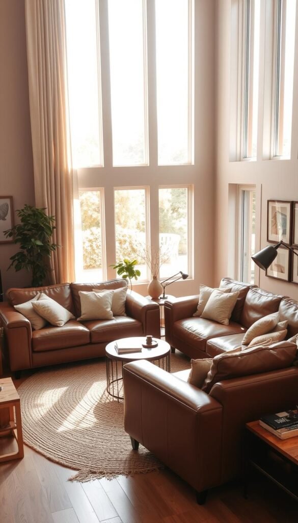 A cozy and inviting brown sofa conversation area set in a warm, sun-drenched living room. Plush leather sofas arranged in an L-shape, creating an intimate social space. Soft throw pillows and a woven area rug anchor the scene. Tall windows flood the room with natural light, casting a golden glow. Wooden side tables and a low coffee table complete the layout, providing surfaces for drinks and decor. The overall atmosphere is one of relaxation and easy conversation, perfect for enjoying quality time with family and friends.