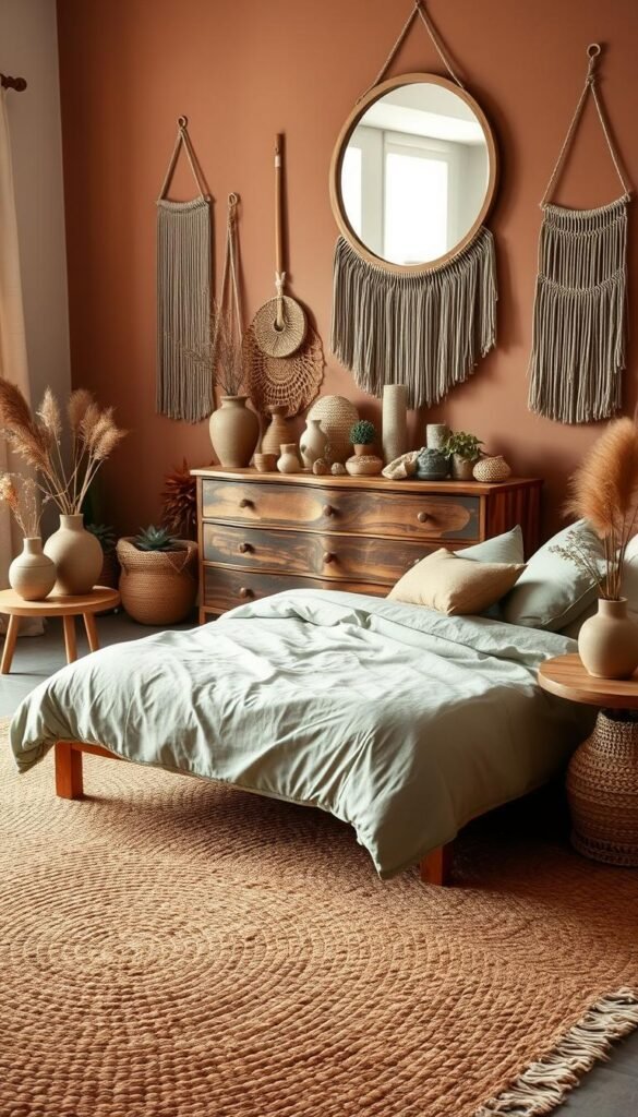 A cozy and inviting earthy bedroom decor, filled with natural textures and soothing tones. In the foreground, a plush woven area rug in earthy brown hues covers the floor, complemented by a low, wooden bed frame with a linen duvet and pillows in muted greens and beiges. On the bedside tables, ceramic vases hold dried flowers and succulents, casting a warm, organic glow. The middle ground showcases a wooden chest of drawers, its surface adorned with a collection of woven baskets, terracotta pots, and natural stone figurines. In the background, the walls are painted in a soothing clay-like tone, accented by macrame wall hangings and a large, round mirror with a wooden frame. The scene is lit by a soft, diffused light, creating a calming and grounded atmosphere.