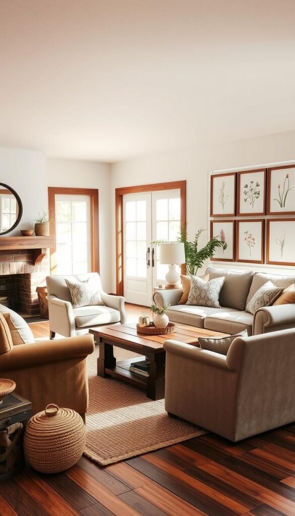 A cozy and inviting farmhouse-style living room with a comfortable armchair and loveseat in a neutral palette. The seating is positioned around a rustic wooden coffee table, creating a warm and intimate conversation area. Soft textures like plush velvet upholstery and a woven area rug add to the overall sense of comfort. Natural light streams in through large windows, casting a gentle glow over the scene. The decor features a mix of vintage and modern farmhouse elements, including a reclaimed wood mantel and a gallery wall of framed botanical prints. The overall atmosphere is one of relaxation and effortless style.