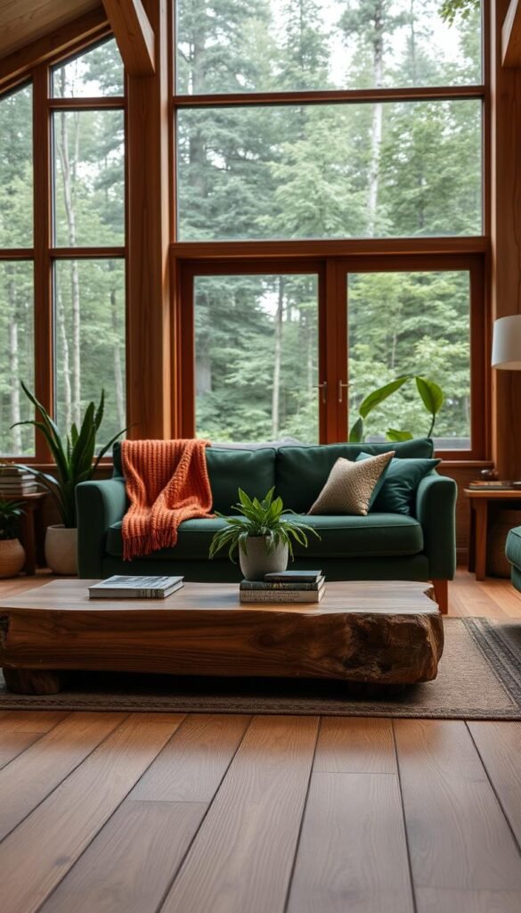 A cozy and inviting forest-inspired living room with natural wood accents and rich forest green hues. In the foreground, a sturdy wooden coffee table is adorned with a lush potted plant and a stack of books. The middle ground features a plush forest green sofa complemented by a warm, textured throw blanket. Soft, diffused lighting illuminates the space, casting gentle shadows and highlighting the grain of the wood. In the background, a large window offers a glimpse of the lush, verdant forest outside, creating a seamless transition between the indoor and outdoor environments. The overall atmosphere is one of comfort, warmth, and a deep connection to nature.