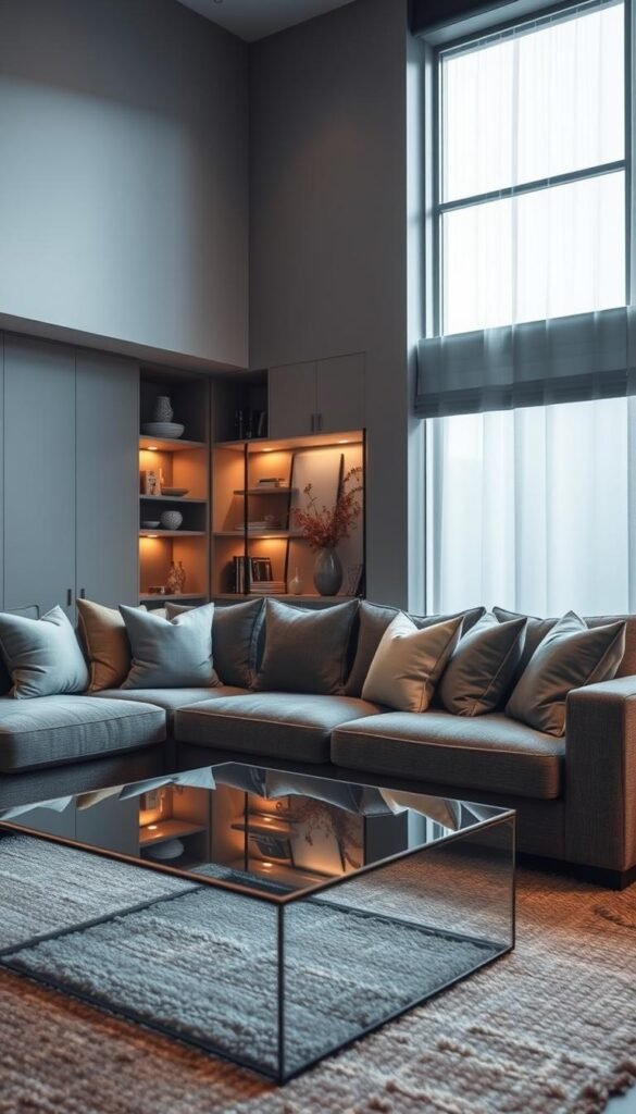 A cozy and inviting gray living room, bathed in warm, ambient lighting. The space features a plush, textured gray sofa, accented by throw pillows in complementary shades. In the foreground, a glass-topped coffee table reflects the soft illumination, while a textured area rug grounds the scene. The middle ground showcases built-in shelving units, adorned with decorative objects and books, creating visual interest. The background reveals a large, partially obscured window, allowing natural light to filter in and adding depth to the space. Overall, the scene conveys a sense of elegant sophistication and depth through the interplay of various textures and tones of gray.