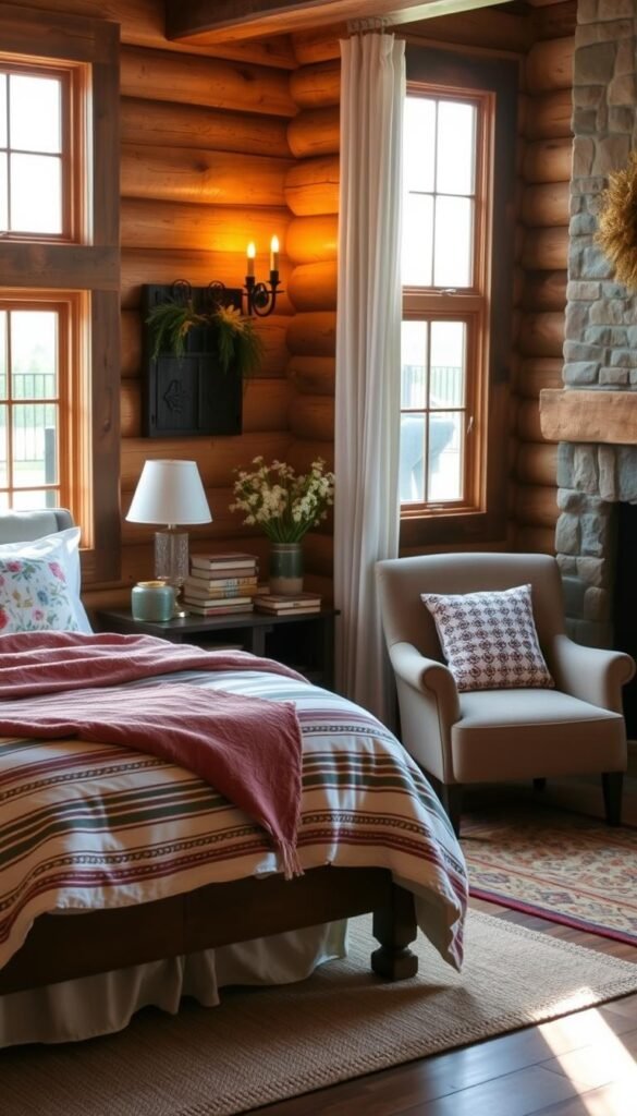 A cozy and inviting guest bedroom retreat set in a rustic farmhouse. Soft light filters through the large window, illuminating the plush bedding adorned with floral and striped patterns. A comfortable armchair sits by the fireplace, perfect for curling up with a book. Weathered wood accents and earthy tones create a warm, relaxing atmosphere. Carefully placed decor, such as a vase of fresh wildflowers and a stack of well-worn books, add thoughtful personal touches. The space exudes an air of tranquility, beckoning guests to unwind and rejuvenate.